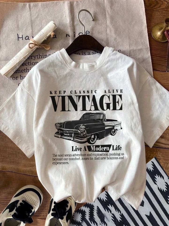 Dámské tričko s vintage motivem auta - pohodlné bavlněné tričko s krátkým rukávem pro ženy