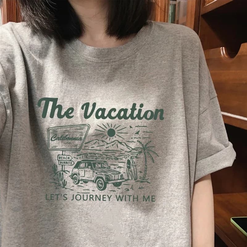 Dámské retro tričko s krátkým rukávem - volný střih, letní casual top s kulatým výstřihem