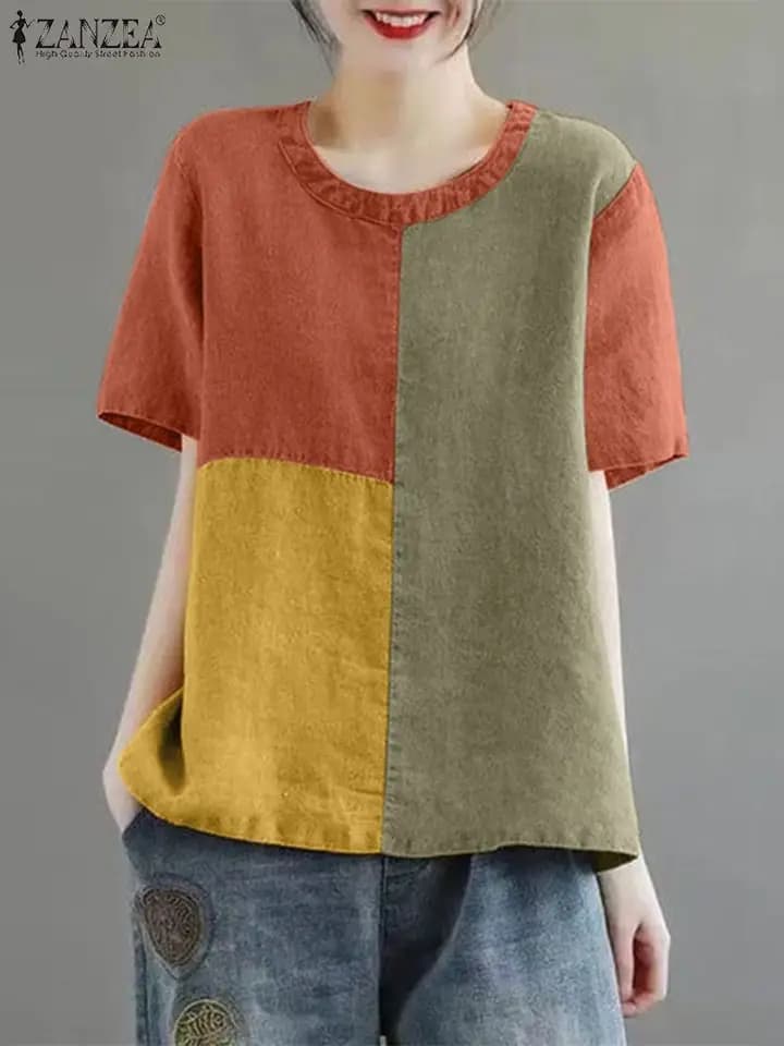 Dámská patchwork tunika - letní bavlněná košile s krátkým rukávem, volný střih