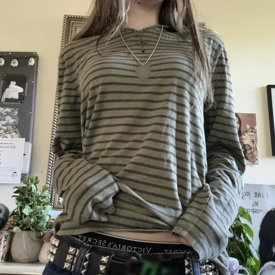 Dámské tričko s dlouhým rukávem Y2K grunge vintage oversized top retro pruhované