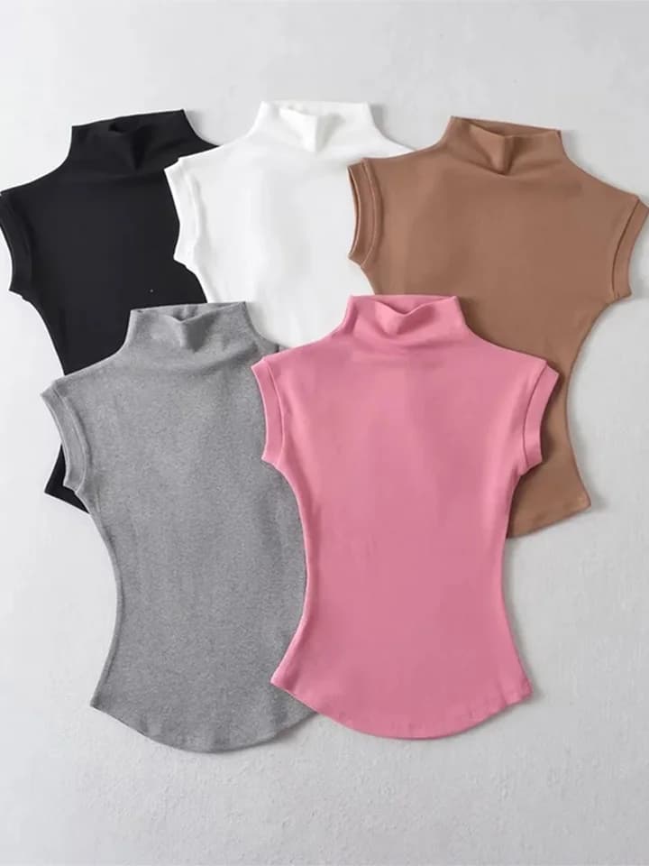 Dámské letní tričko bez rukávů se stojáčkem - slim fit basic top pro ženy