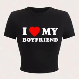 Dámské crop top tričko s potiskem I Love My Boyfriend letní bavlněné krátký rukáv - náhled 2