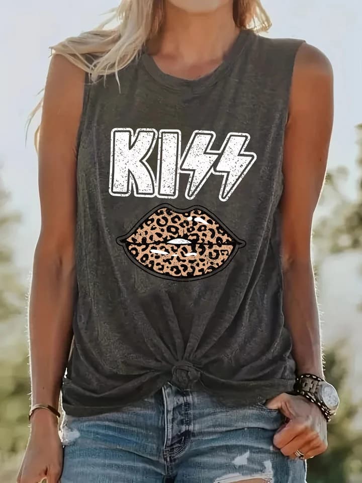 Dámské bílé tričko bez rukávů s potiskem rtů a leopardím vzorem casual top