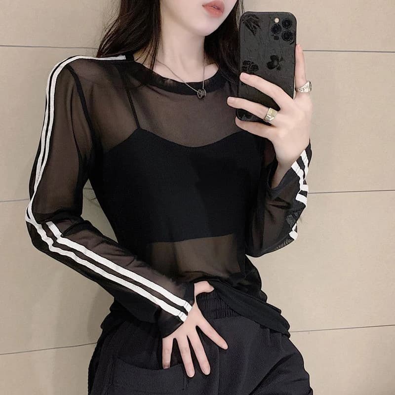 Dámské průsvitné tričko s UV ochranou - pruhované s dlouhým rukávem mesh top streetwear