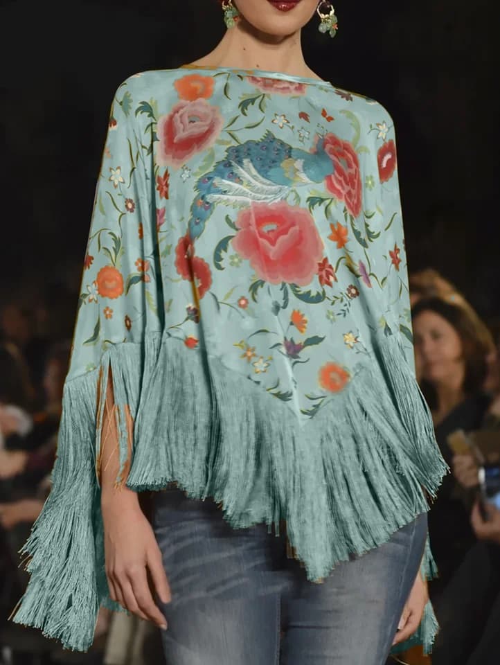 Dámské vintage květinové topy jarní podzimní elegantní oversize pončo s třásněmi boho styl