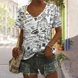 Dámské tričko s V výstřihem černobílý nápis vintage design casual léto plus size - náhled 5