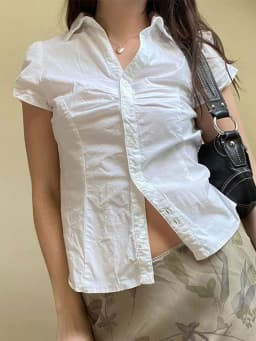Bílé tričko s vázáním krátký rukáv límec knoflíky crop top vintage dámské letní - náhled 3