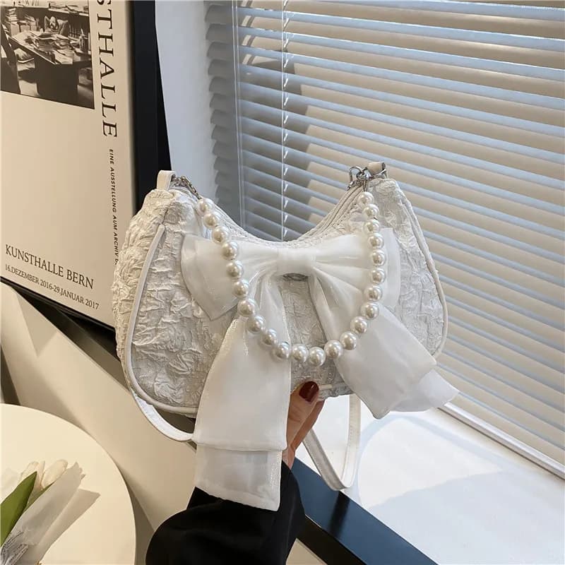 Dámská kabelka přes rameno s perlami a mašlí retro luxusní crossbody taška plátěná