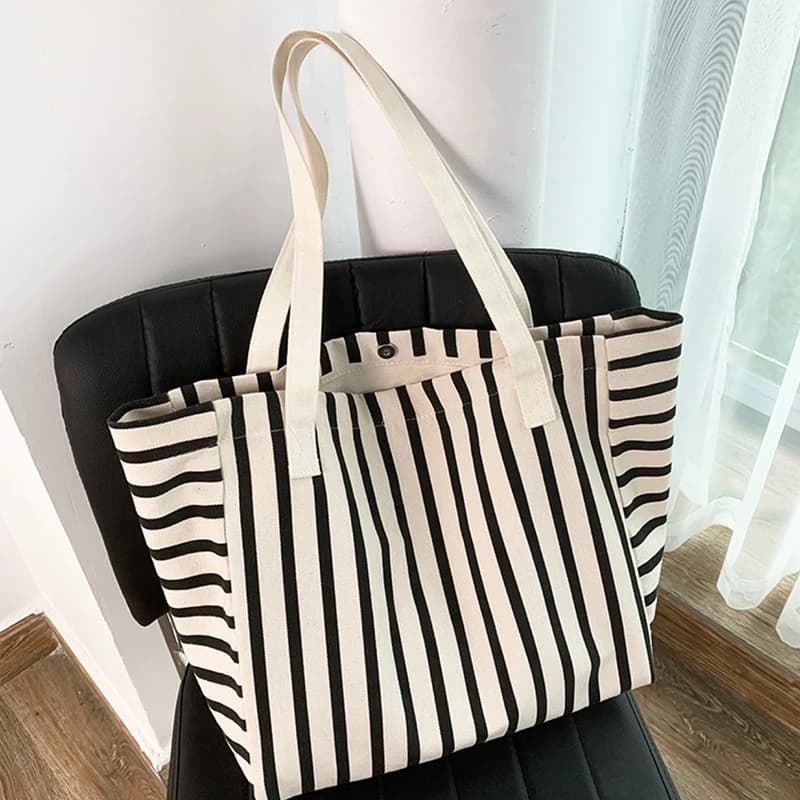 Dámská plátěná taška přes rameno - letní pruhovaná shopper bag velká kapacita