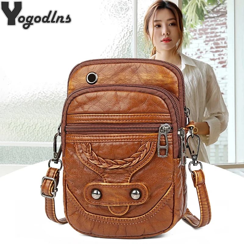 Dámská kožená crossbody kabelka s více kapsami - malá vintage taška přes rameno