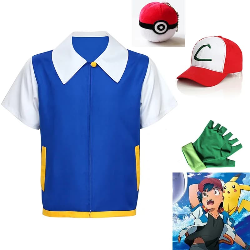 Cosplay kostým Ash Ketchum - modrá bunda, čepice a rukavice pro muže i ženy