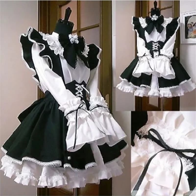 Sexy servírka kostým s mašlí - černobílé šaty s zástěrou pro cosplay a roleplay