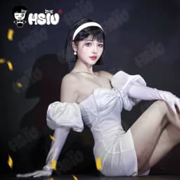 Bílé šaty s krátkou černou parukou pro anime cosplay kostým dívčí outfit - náhled 4