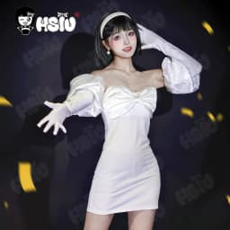 Bílé šaty s krátkou černou parukou pro anime cosplay kostým dívčí outfit - náhled 2