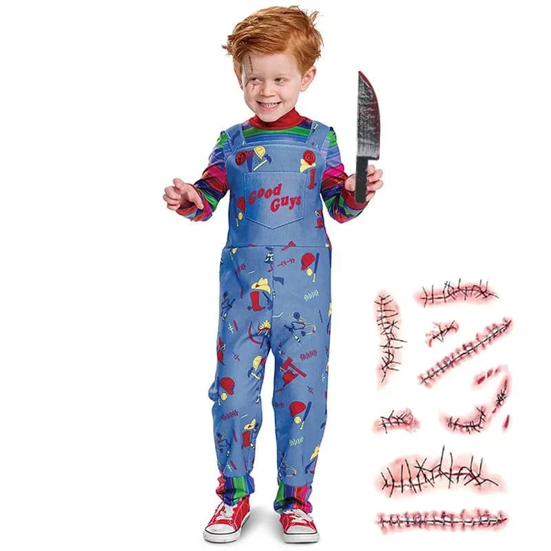 Dětský Halloween kostým Chucky s jizva tetováním - Dívčí horror kostým pro malé děti