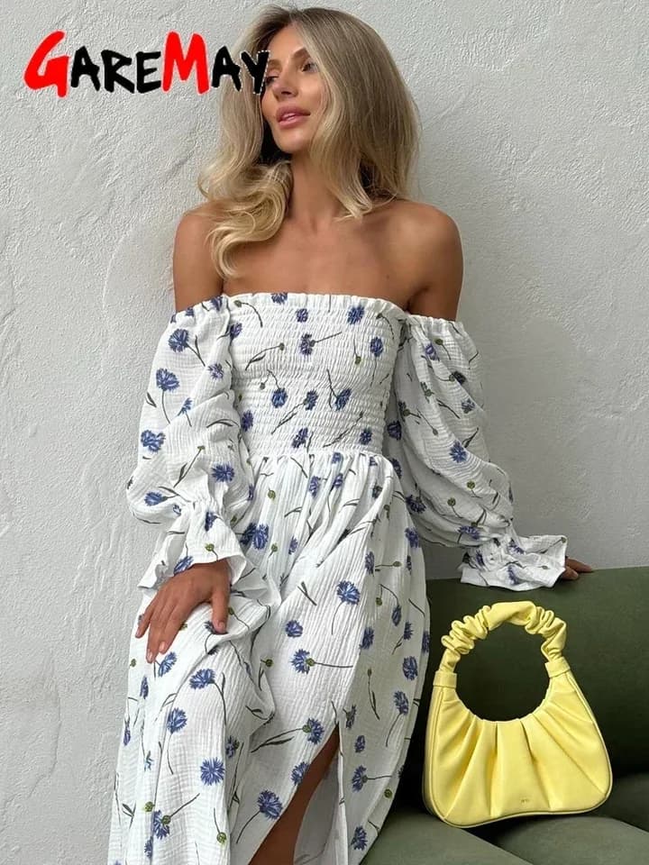 Dámské letní midi šaty s volány a květinovým vzorem - elegantní bavlněné šaty s rozparkem