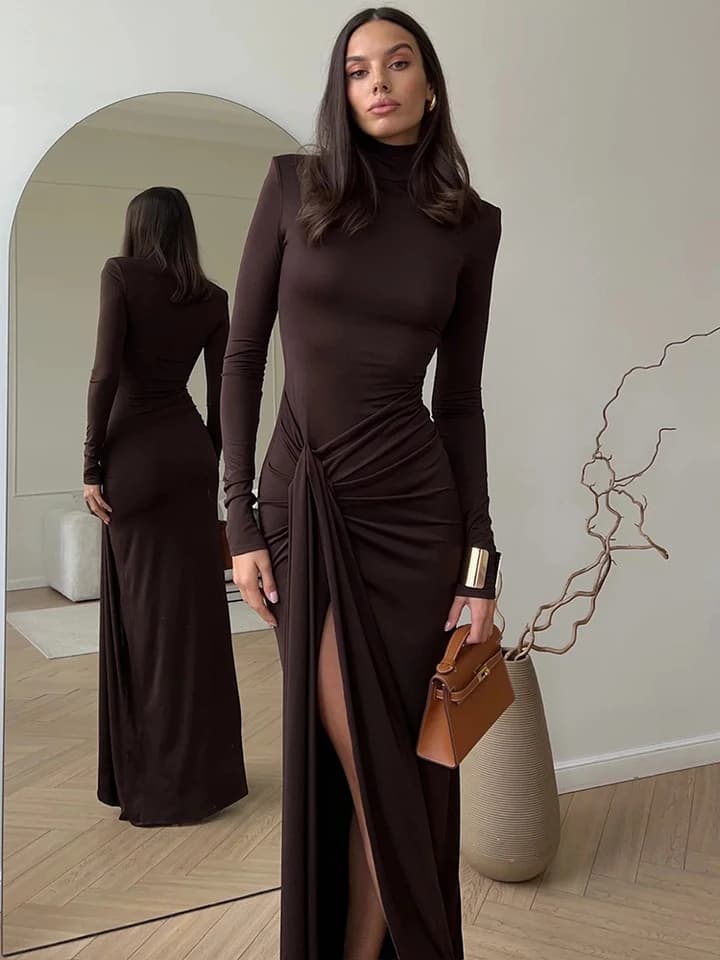 Dámské elegantní dlouhé trikové šaty s rozparkem a rolákem, sexy módní bodycon klub oblečení