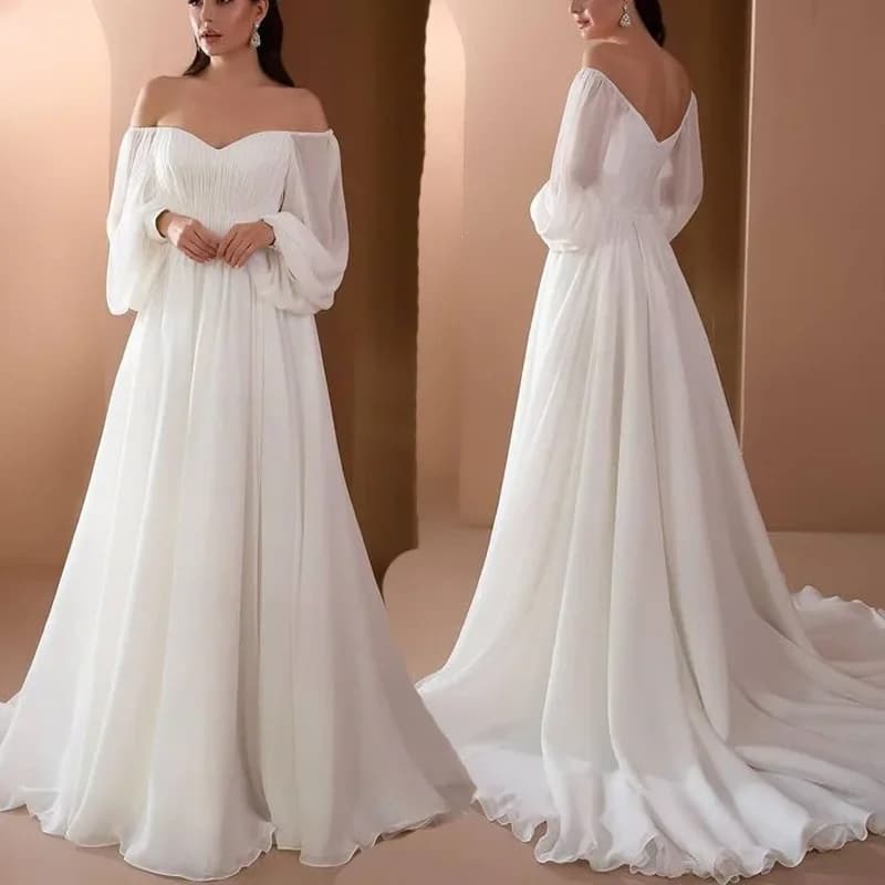 Elegantní bílé maxi šaty dámské s nafouklým rukávem společenské podzimní dlouhé šaty