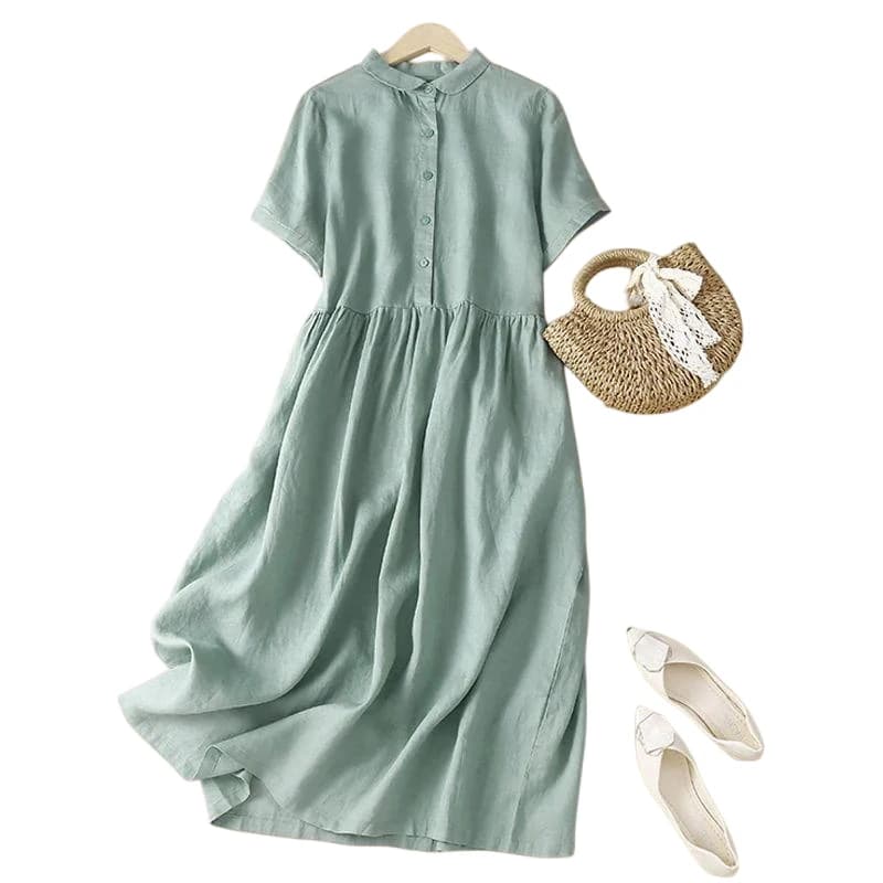 Dámské letní bavlněné midi šaty volného střihu - elegantní kancelářský styl, béžová barva