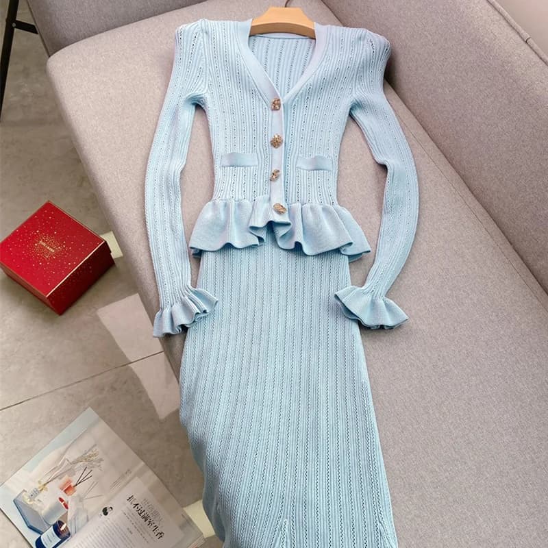 Elegantní pletené maxi šaty s výstřihem do V a volány, štíhlý pas, bodycon společenské šaty