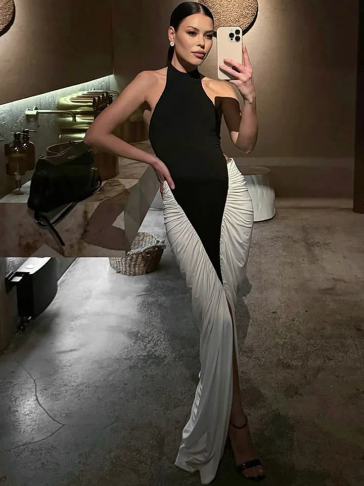 Letní maxi šaty dámské volnočasové áčkové šaty bez rukávů s kontrastní barvou a rozparkem