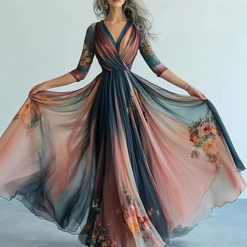 Vzdušné krajkové boho maxi šaty v elegantním stylu s výstřihem do V a volnou sukní