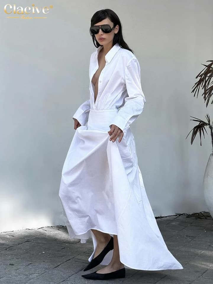 Elegantní bílé dámské šaty dlouhé volné bavlněné casual letní šaty s límcem XXL