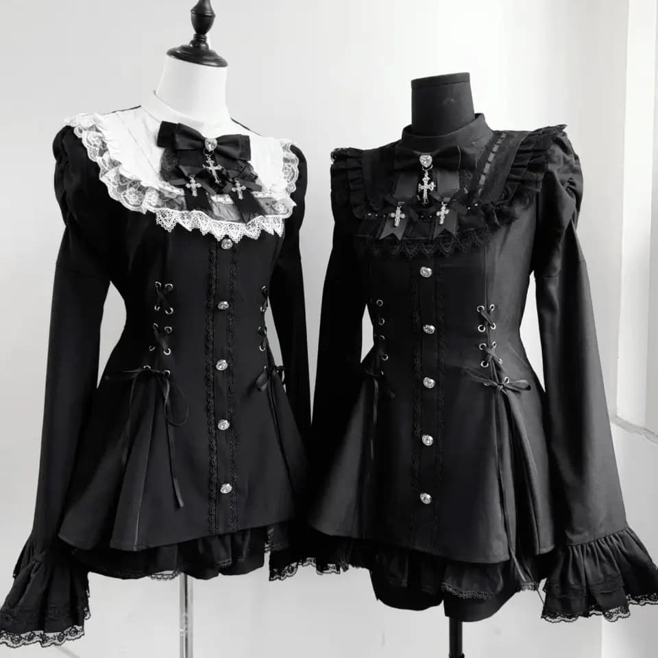 Elegantní Y2K Gothic Lolita Mini Šaty s Krajkou a Mašlí - Dámské Punková Párty Souprava
