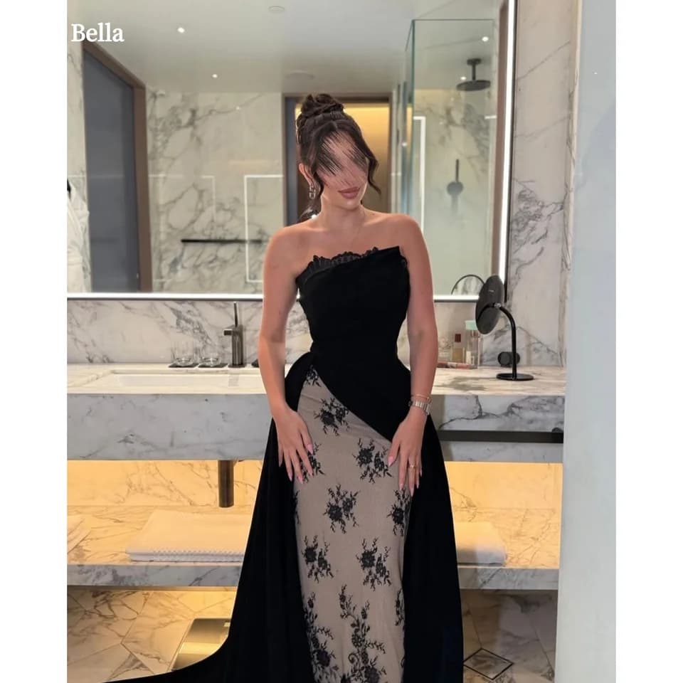 Elegantní černé plesové šaty s vlečkou - mořská panna, délka až na zem, bezramínkové