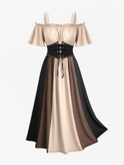 Dámské plus size šaty s odhalenými rameny, krajkou a barevnými bloky, vintage design - náhled 2
