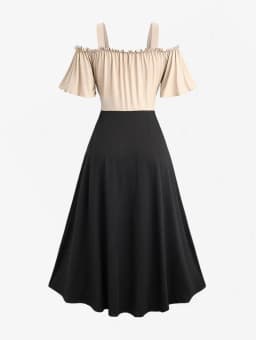 Dámské plus size šaty s odhalenými rameny, krajkou a barevnými bloky, vintage design - náhled 3