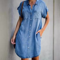 Dámské džínové šaty elegantní letní košilové slim fit krátký rukáv modré - náhled 3