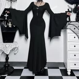 Dámské Halloween Gothic šaty s netopýřími rukávy - Černé elegantní maxi šaty pro párty a kostým - náhled 3