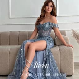 Elegantní šedé modré plesové šaty mořská panna s korálky pro ženy na svatbu a večerní události - náhled 3