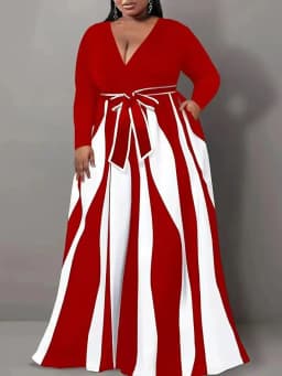 Dámské plus size pruhované šaty s výstřihem do V elegantní společenské modro-béžové - náhled 4