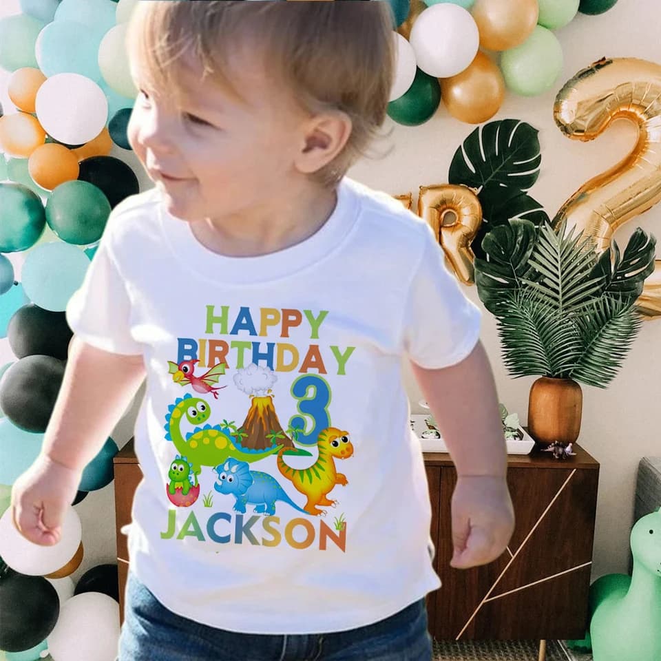 Dětské narozeninové tričko s dinosaurem - personalizovaný dárek pro kluky 1-9 let