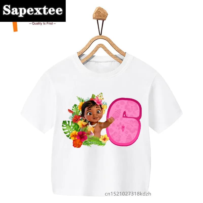 Dětské bílé tričko Moana s květinovým potiskem a čísly | Letní kawaii oblečení pro holky