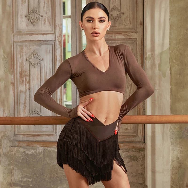Dámské taneční oblečení Latin Cha Cha - elegantní tréninkový top a sukně s třásněmi