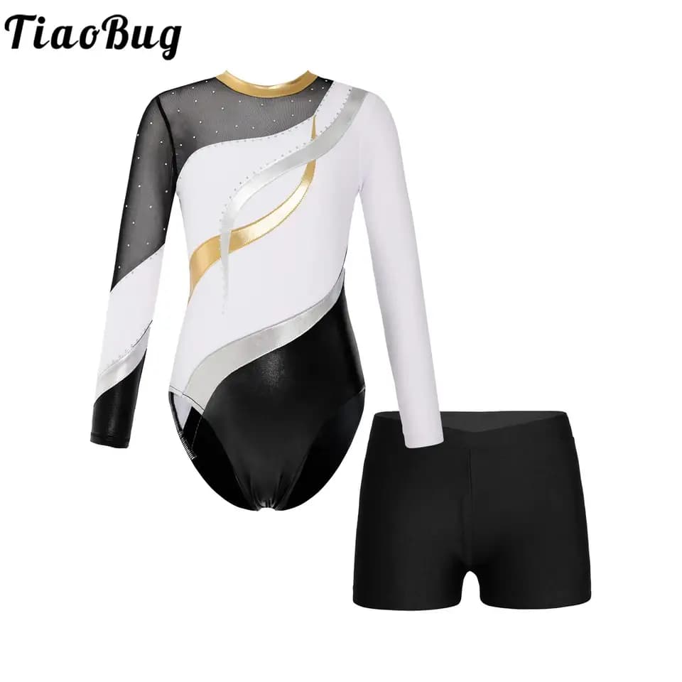 Dívčí gymnastický dres s dlouhým rukávem | Elastický taneční úbor | Baletní cvičení