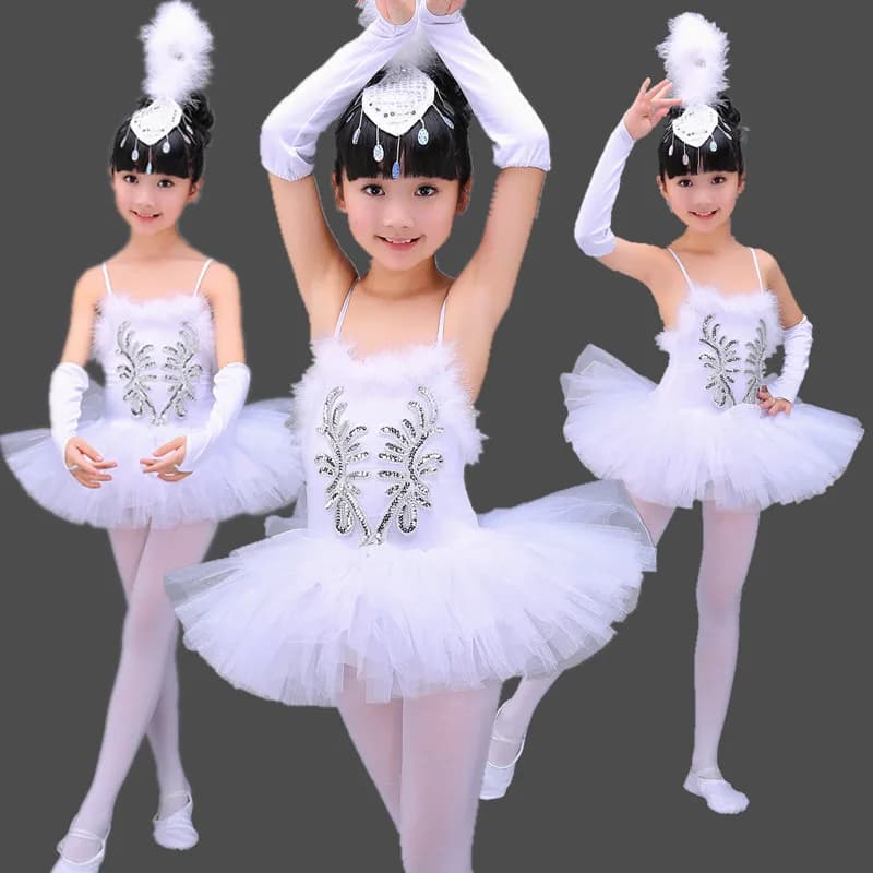 Bílé baletní šaty pro dívky - profesionální taneční kostým Swan Lake, dětský tutu set