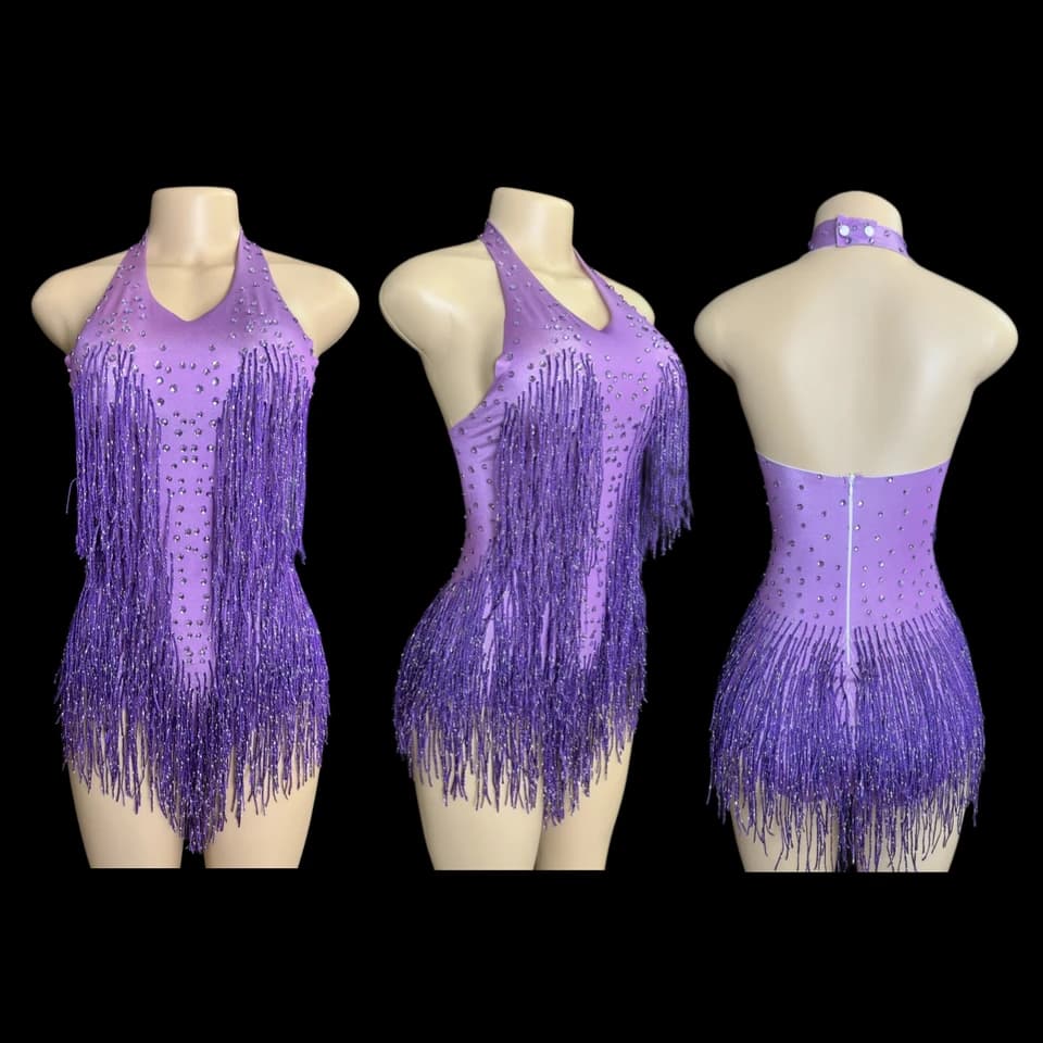Třpytivý dámský bodysuit s třásněmi - sexy kostým na párty a tanec, elegantní performance oblečení