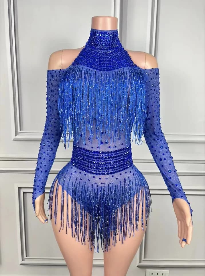 Třpytivý dámský taneční leotard s třásněmi - sexy kostým na párty a pódium