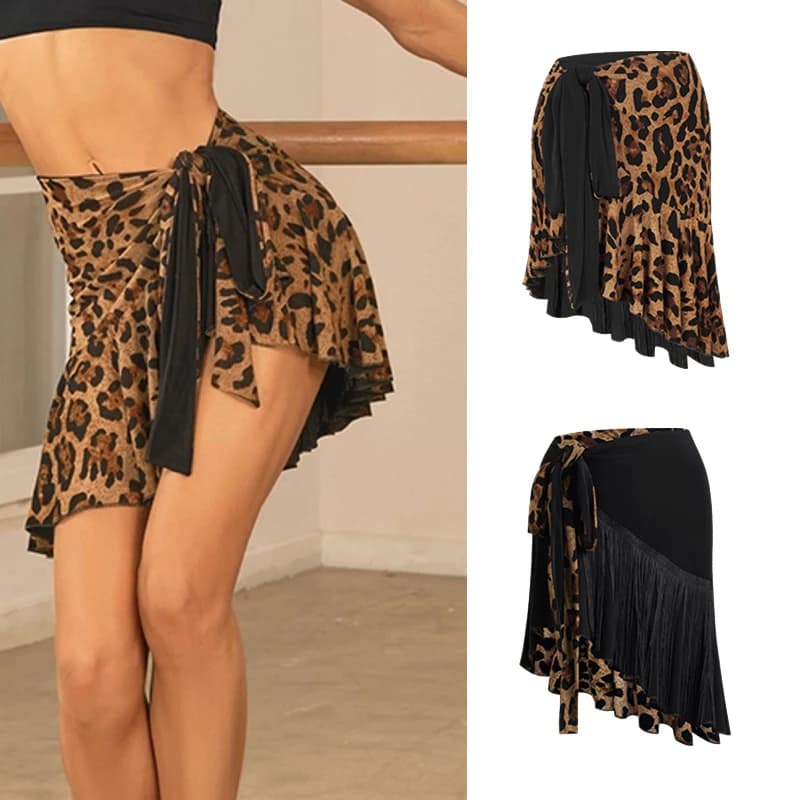 Dámská taneční sukně černá leopardí vzor Latin Dance pro Cha Cha Rumba Salsa trénink