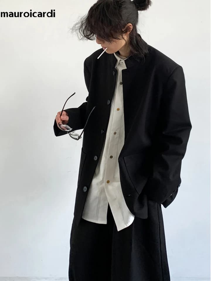 Pánský elegantní černý blazer s mandarinským límcem - moderní jarní/podzimní sako ve volném střihu