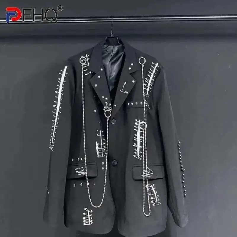 Pánský elegantní sako s kovovým řetězem - módní slim fit blazer pro společenské i volnočasové použití