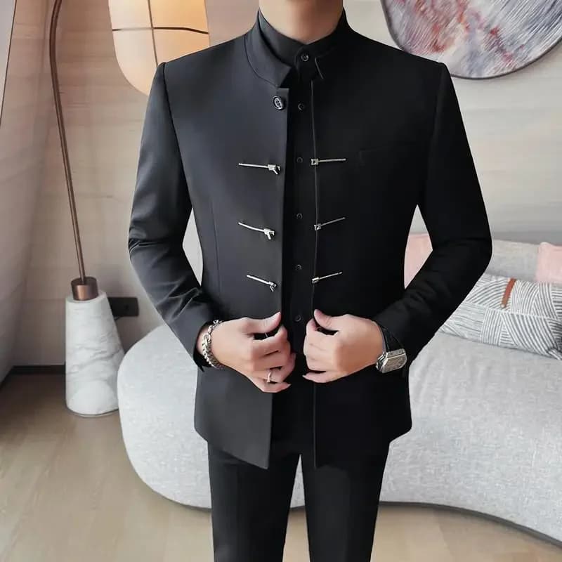 Pánské slim fit sako společenské elegantní svatební oblek čínský styl límec