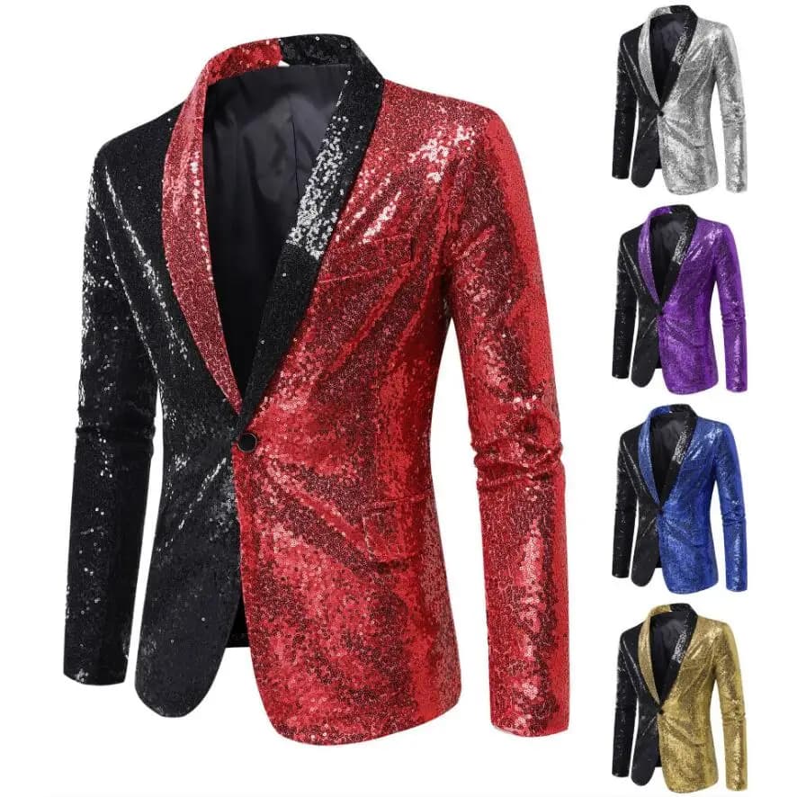 Luxusní pánský zlatý flitrový blazer - společenské slim fit sako pro večerní akce a párty