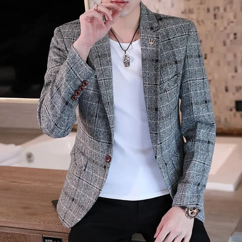 Pánské sako slim fit károvaný vzor elegantní společenské sportovní oblečení