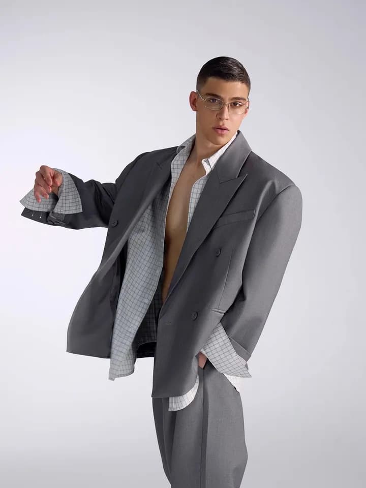 Pánský volný šedý blazer s klopami - elegantní jarní podzimní sako s polstrovanými rameny