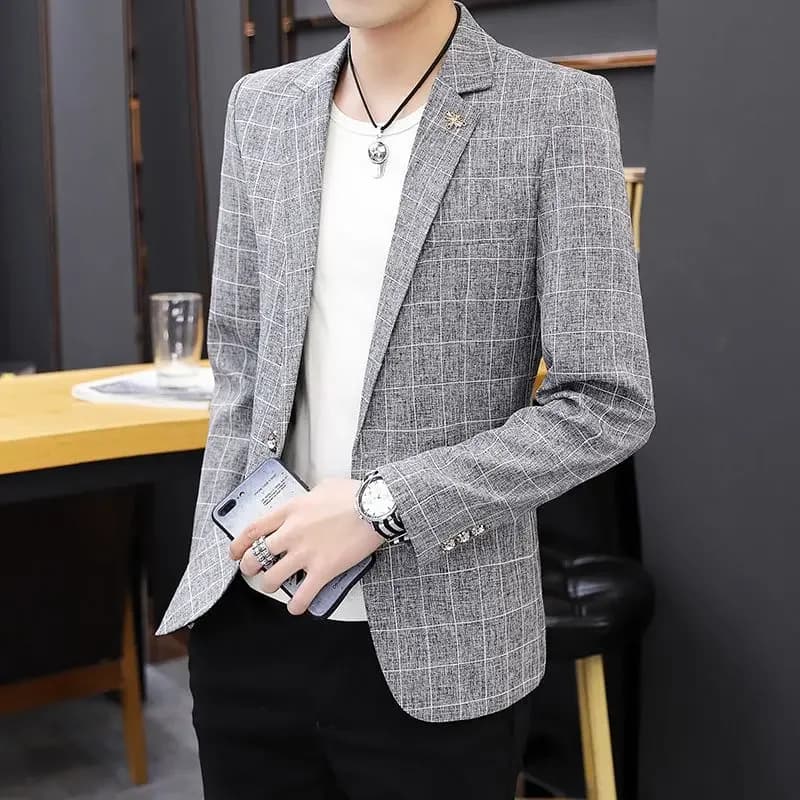 Pánské lněné sako šedé elegantní společenské slim fit módní jarní kabát 2024